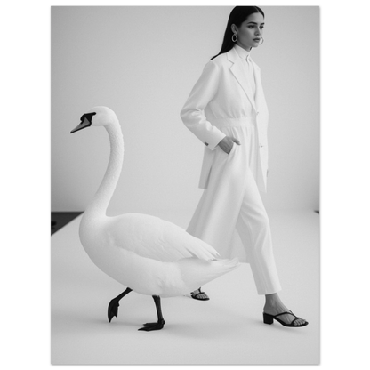 Elegant modefotografi med svan och kvinna i profil – svartvit poster
