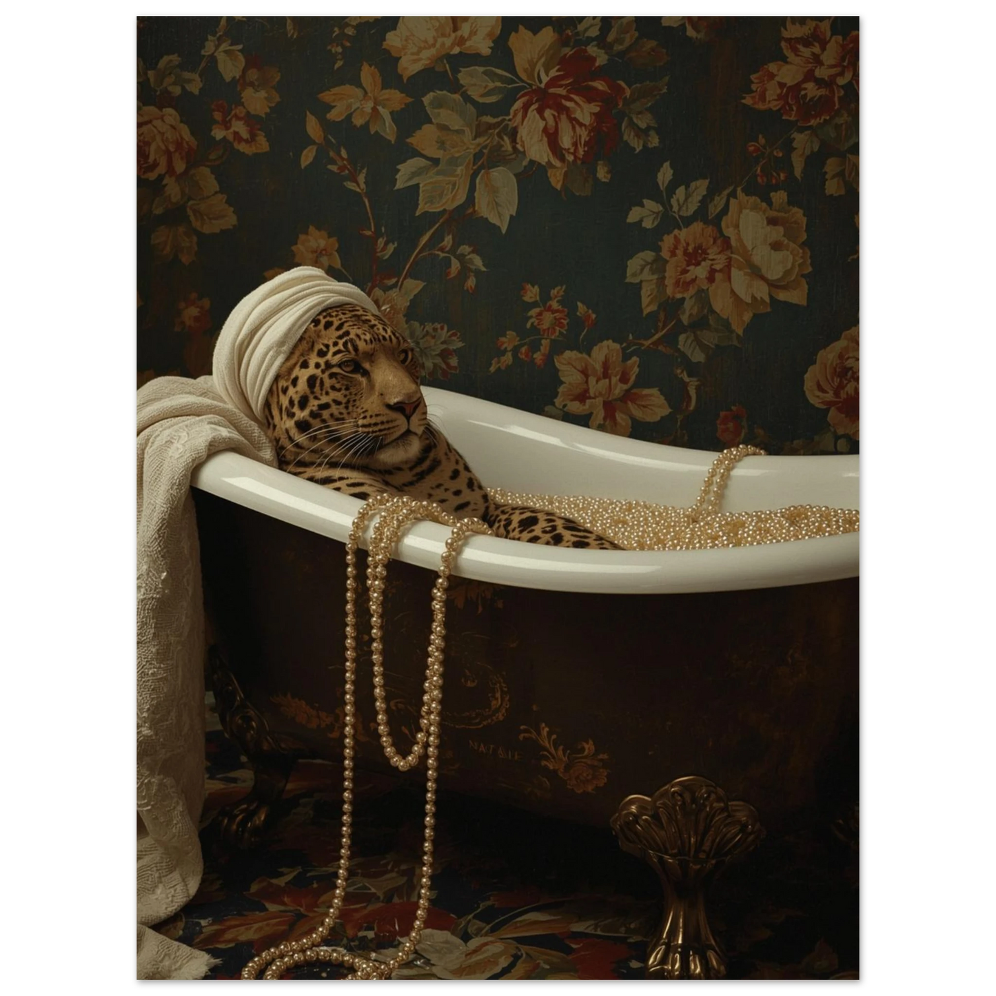 Elegant leopardmotiv med pärlor och badkar i klassisk miljö – unik djurtavla