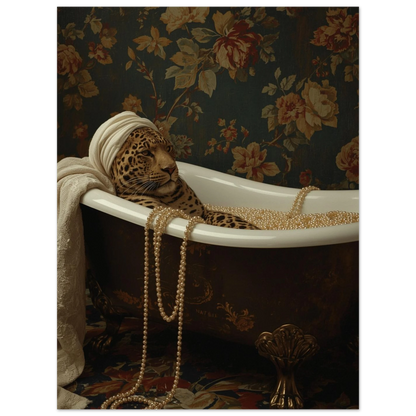 Elegant leopardmotiv med pärlor och badkar i klassisk miljö – unik djurtavla