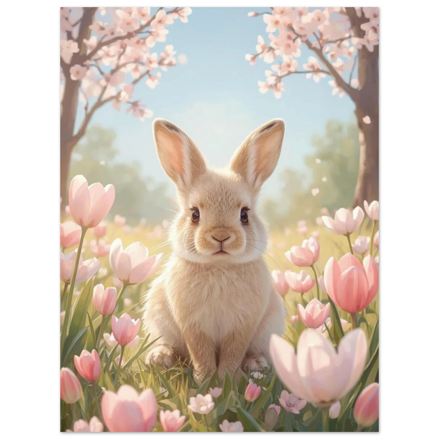 Liten hare i ett idylliskt landskap med blommande träd och rosa flora, naturposter