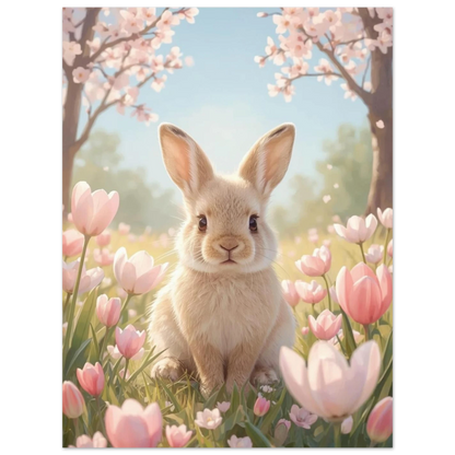 Liten hare i ett idylliskt landskap med blommande träd och rosa flora, naturposter
