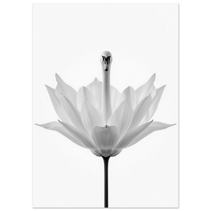 Konstnärligt svanmotiv i vitt och grått med minimalistisk blomdetalj, stilren tavla