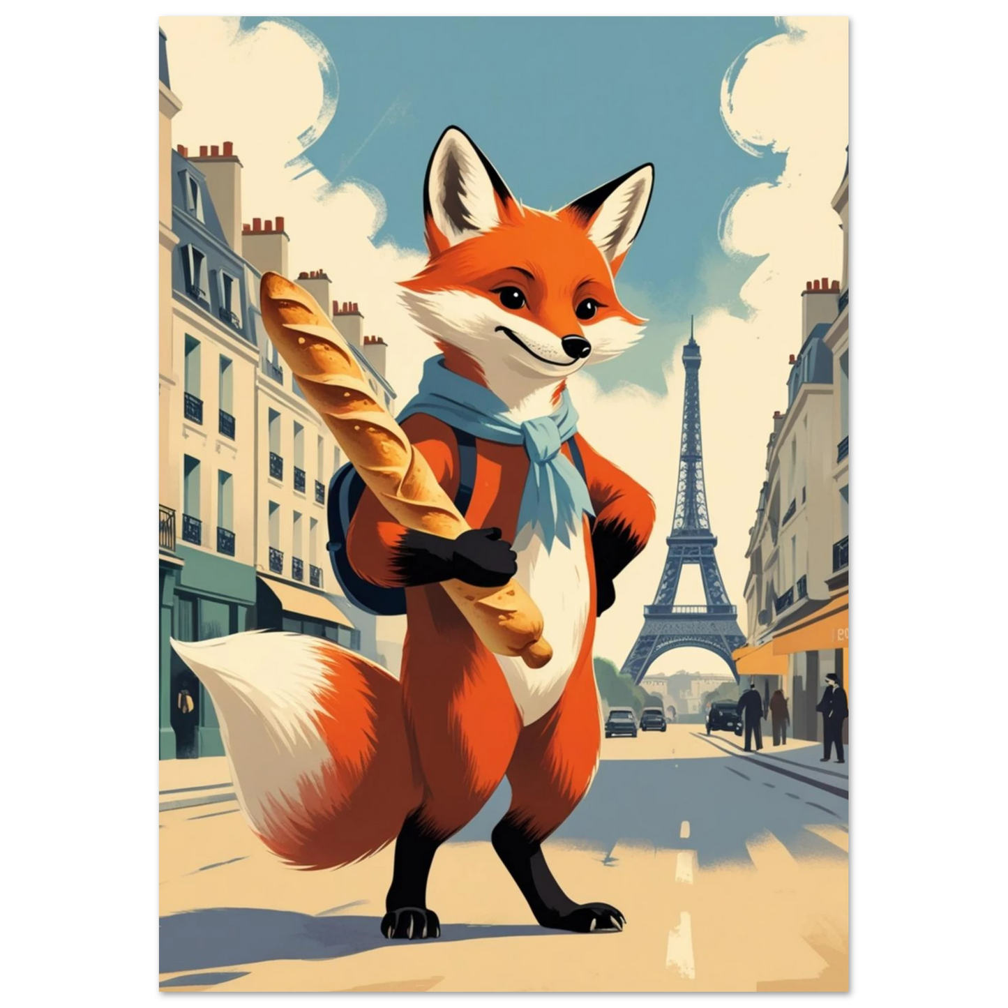 Orange räv med ryggsäck på Paris gata – nostalgiskt djurmotiv