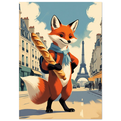 Orange räv med ryggsäck på Paris gata – nostalgiskt djurmotiv