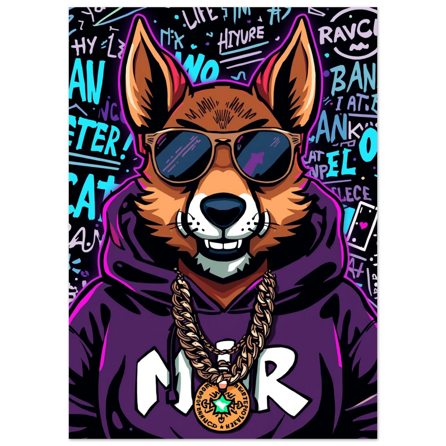 Stiliserad rävkaraktär med guldkedja och mörklila luvtröja – modern street art print