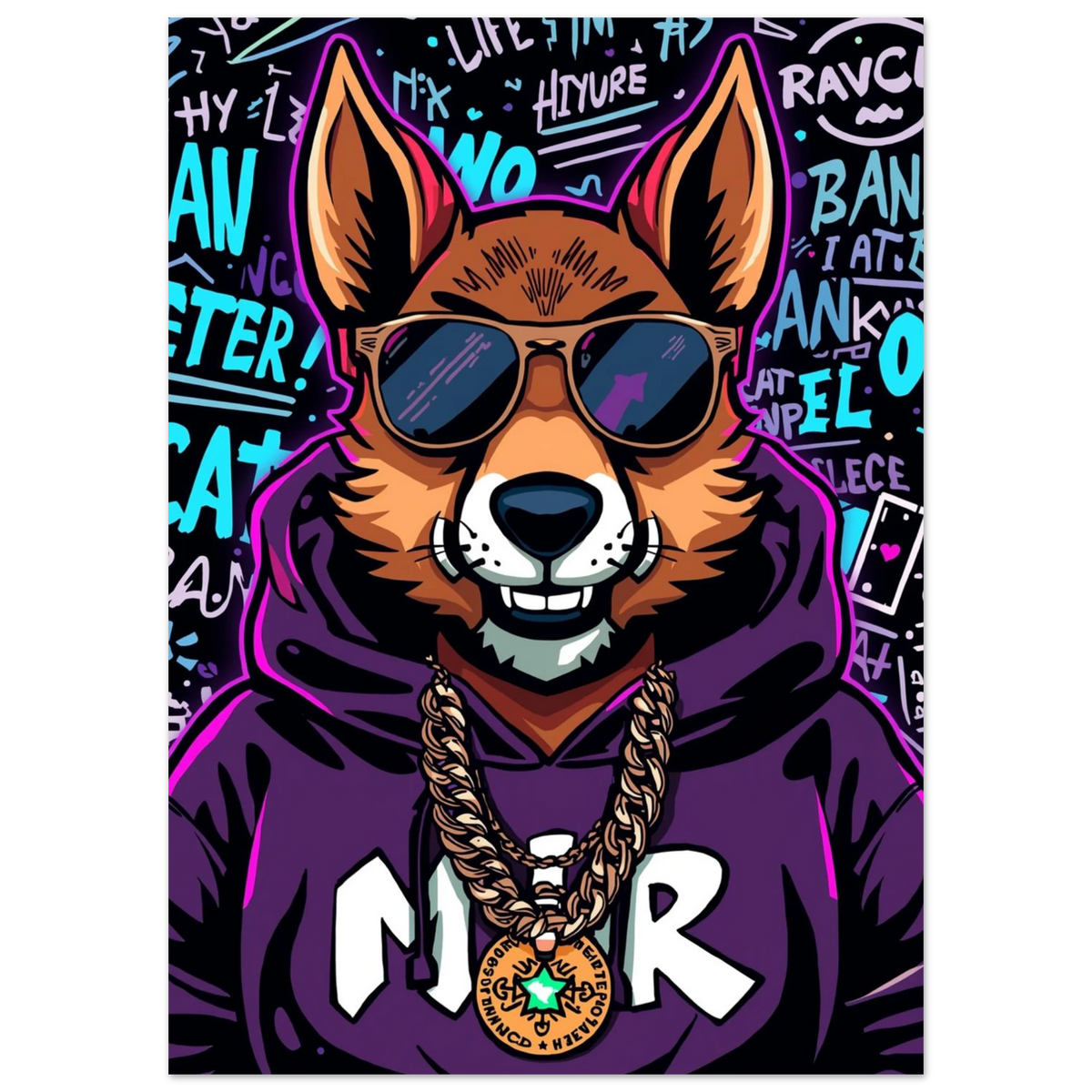 Stiliserad rävkaraktär med guldkedja och mörklila luvtröja – modern street art print