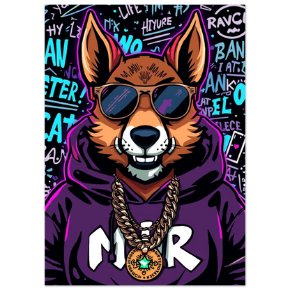 Stiliserad rävkaraktär med guldkedja och mörklila luvtröja – modern street art print