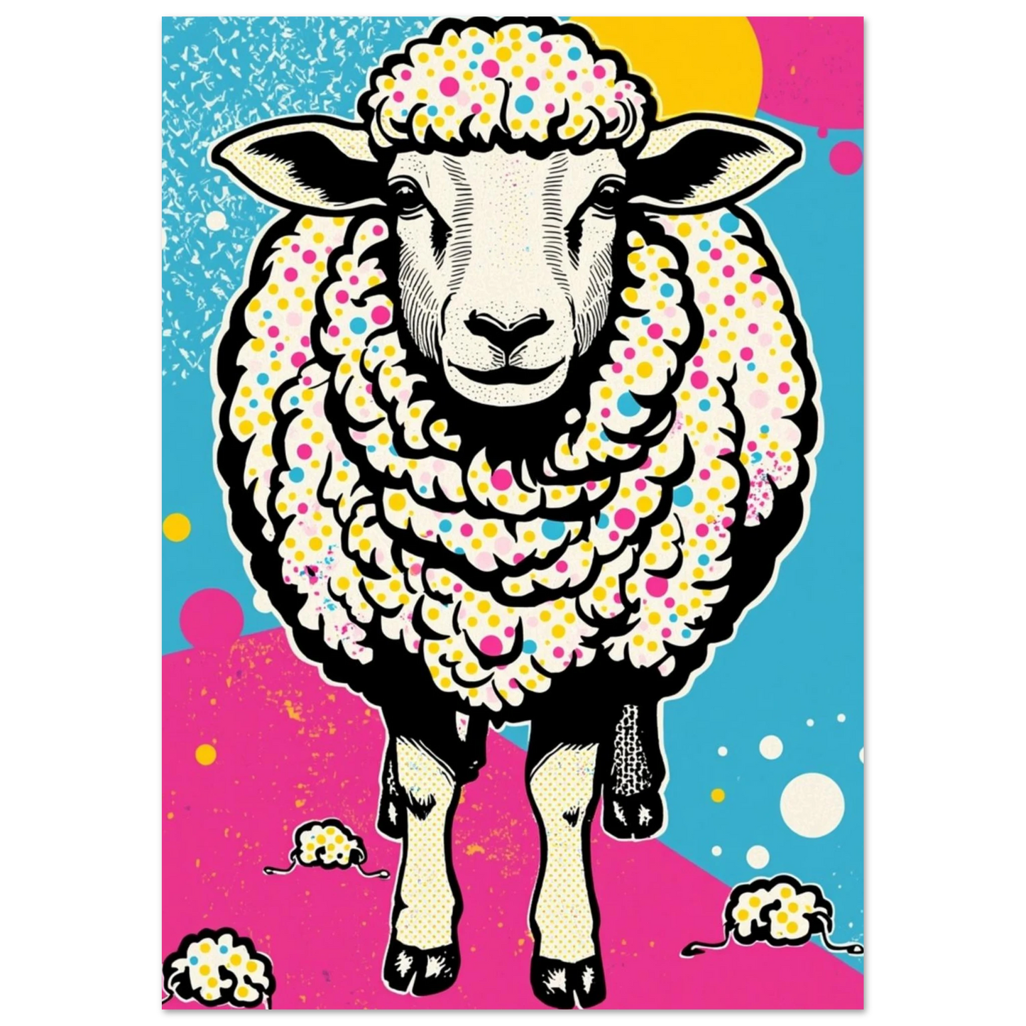 Pop art-får med detaljerad päls och färgglada punkter mot abstrakt bakgrund – Tecknad poster