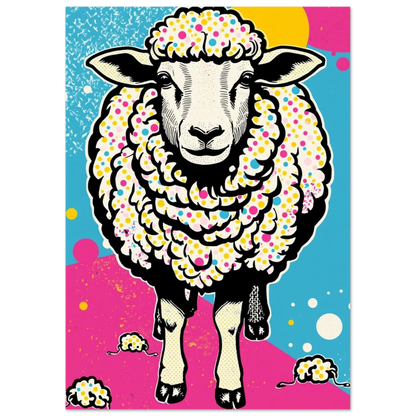 Pop art-får med detaljerad päls och färgglada punkter mot abstrakt bakgrund – Tecknad poster