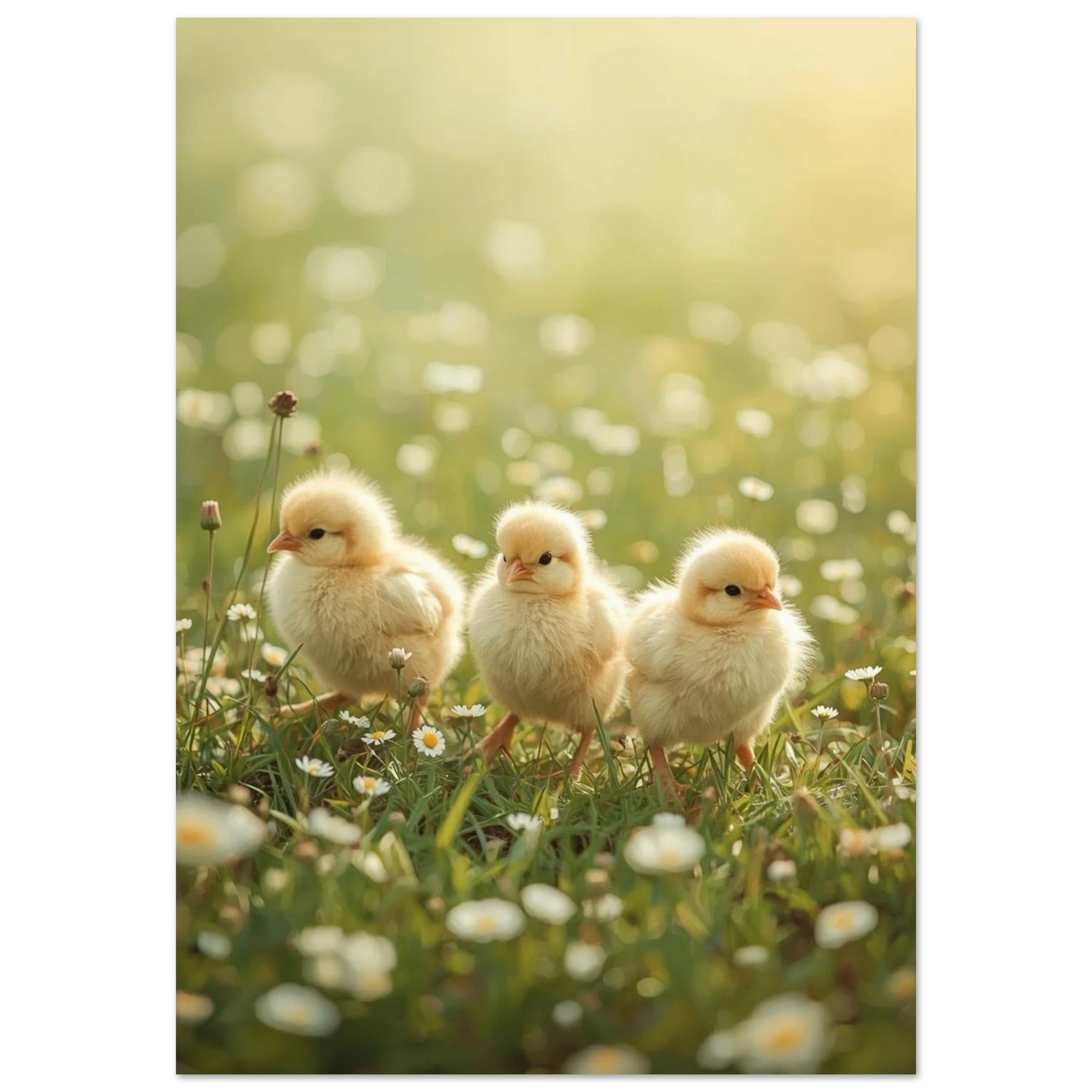 Tre fluffiga gula kycklingar i gräs med små vita blommor, framifrån – Fotorealistisk poster