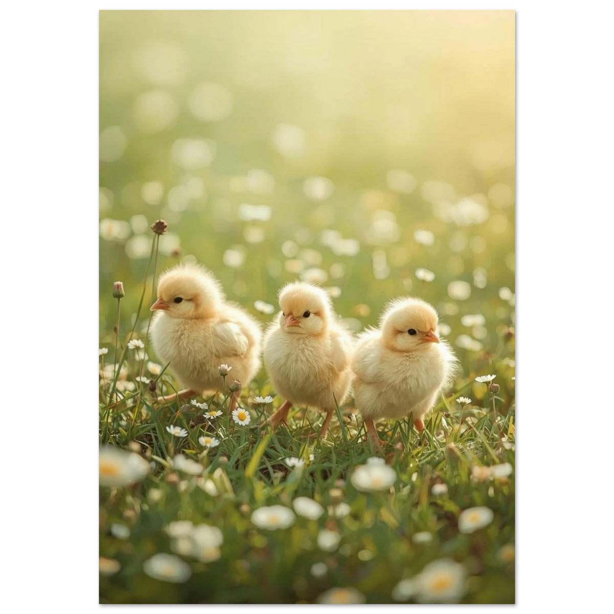 Tre fluffiga gula kycklingar i gräs med små vita blommor, framifrån – Fotorealistisk poster