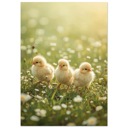 Tre fluffiga gula kycklingar i gräs med små vita blommor, framifrån – Fotorealistisk poster