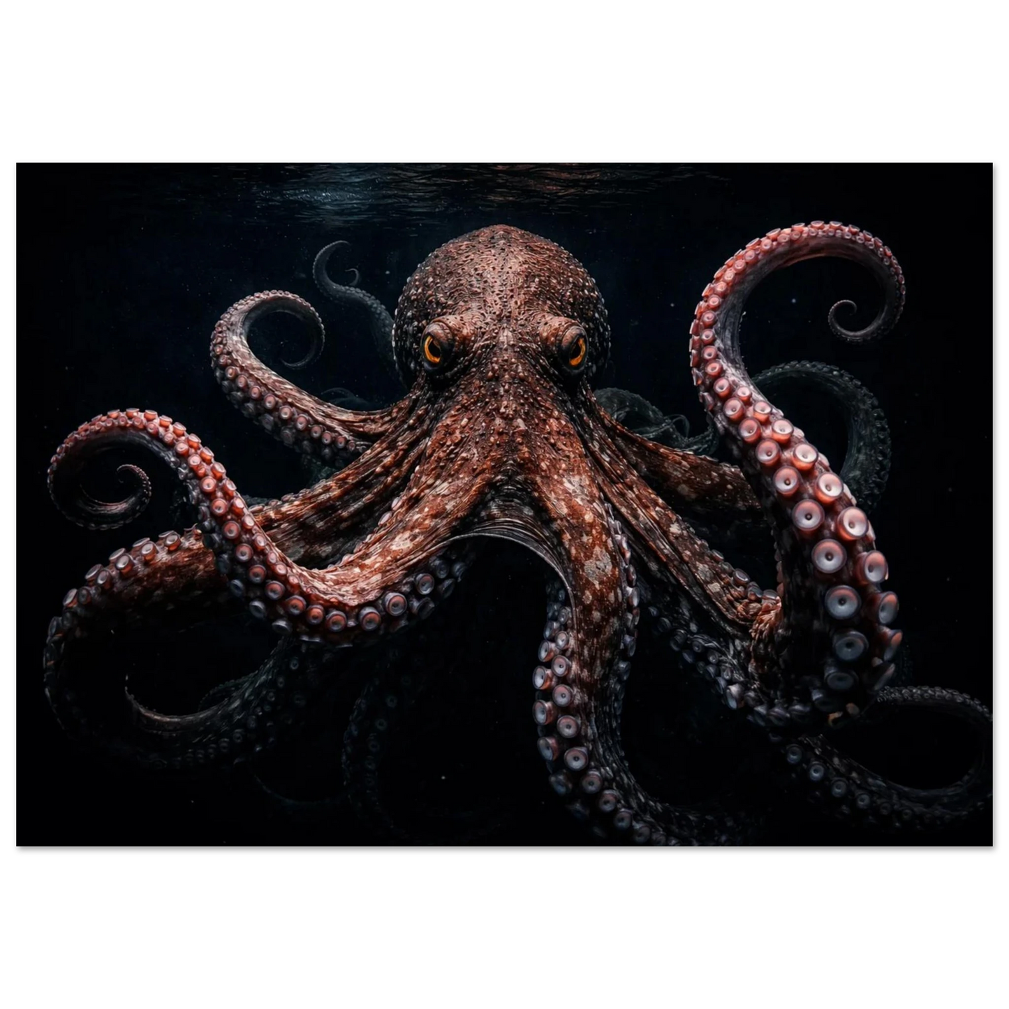 Kraken motiv med tydliga tentakler och ögon i mörk underhavsmiljö – Målad poster