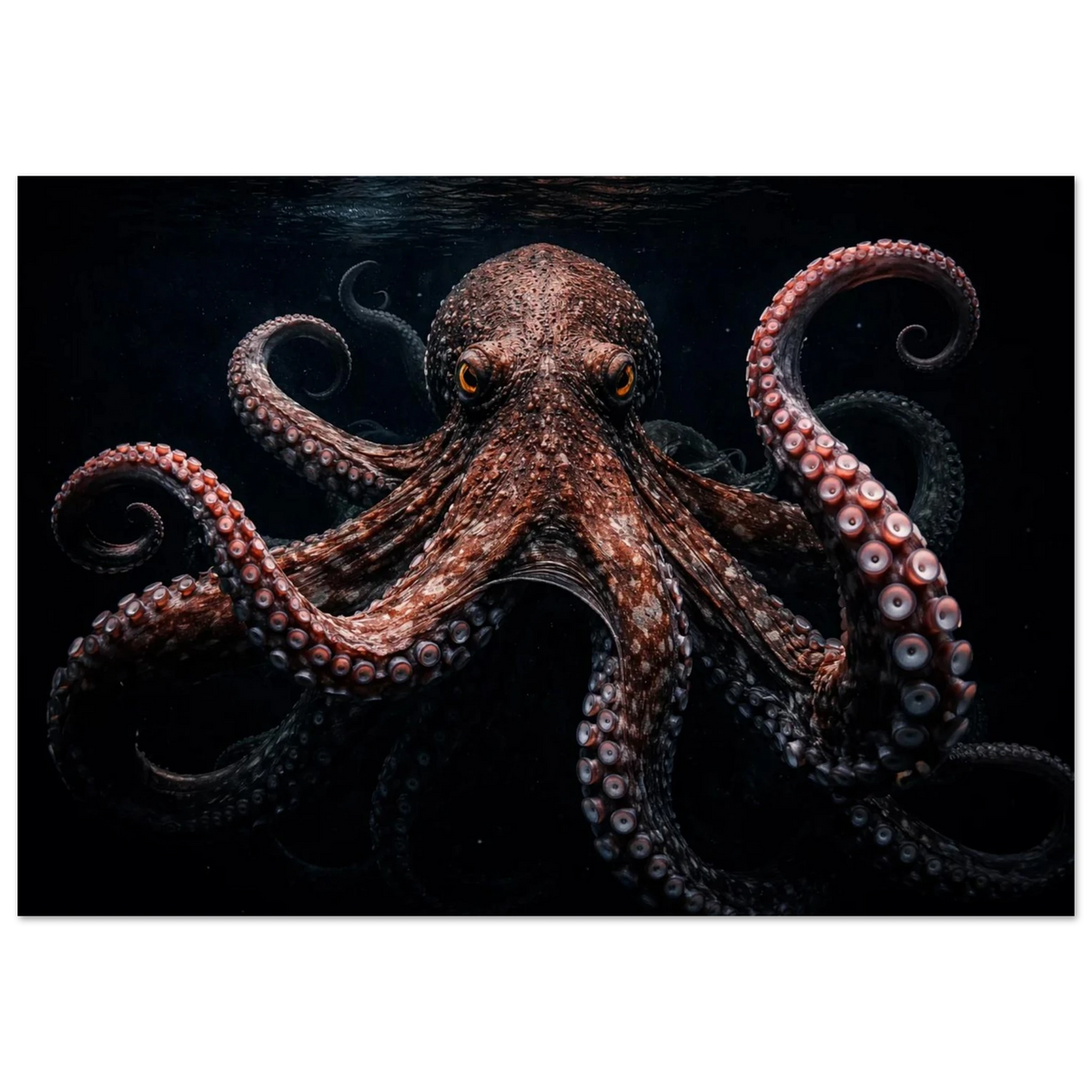 Kraken motiv med tydliga tentakler och ögon i mörk underhavsmiljö – Målad poster