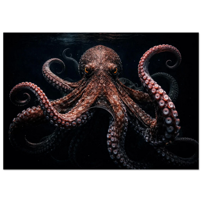 Kraken motiv med tydliga tentakler och ögon i mörk underhavsmiljö – Målad poster