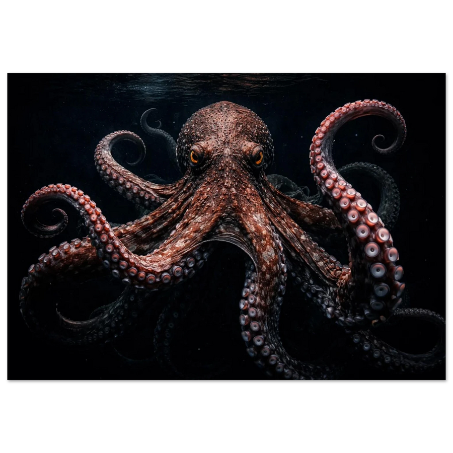 Kraken motiv med tydliga tentakler och ögon i mörk underhavsmiljö – Målad poster