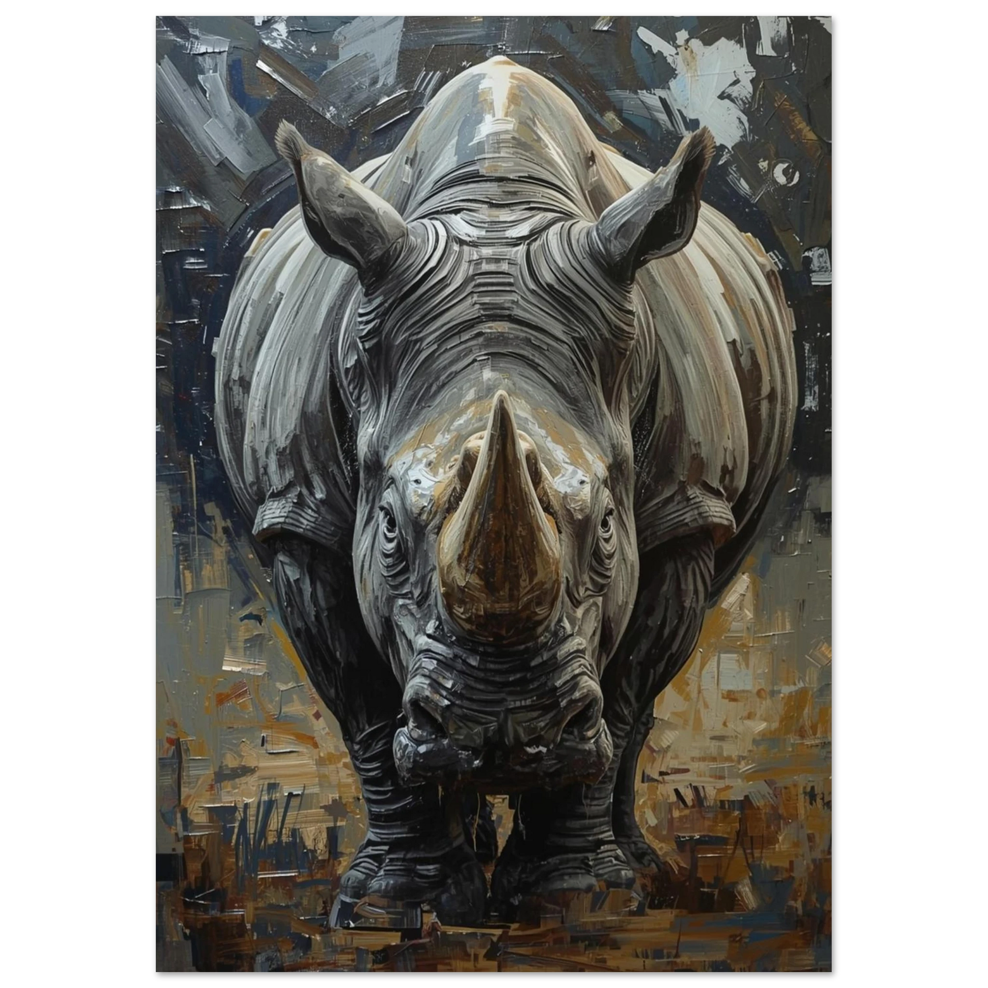 Kraftfullt noshörningsmotiv med texturrik teknik i mörkgrått och beige