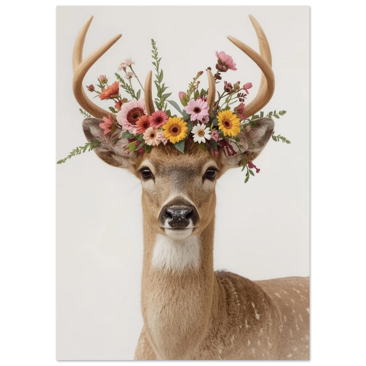Naturtrogen hjortposter med blomsterarrangemang mellan hornen på vit bakgrund