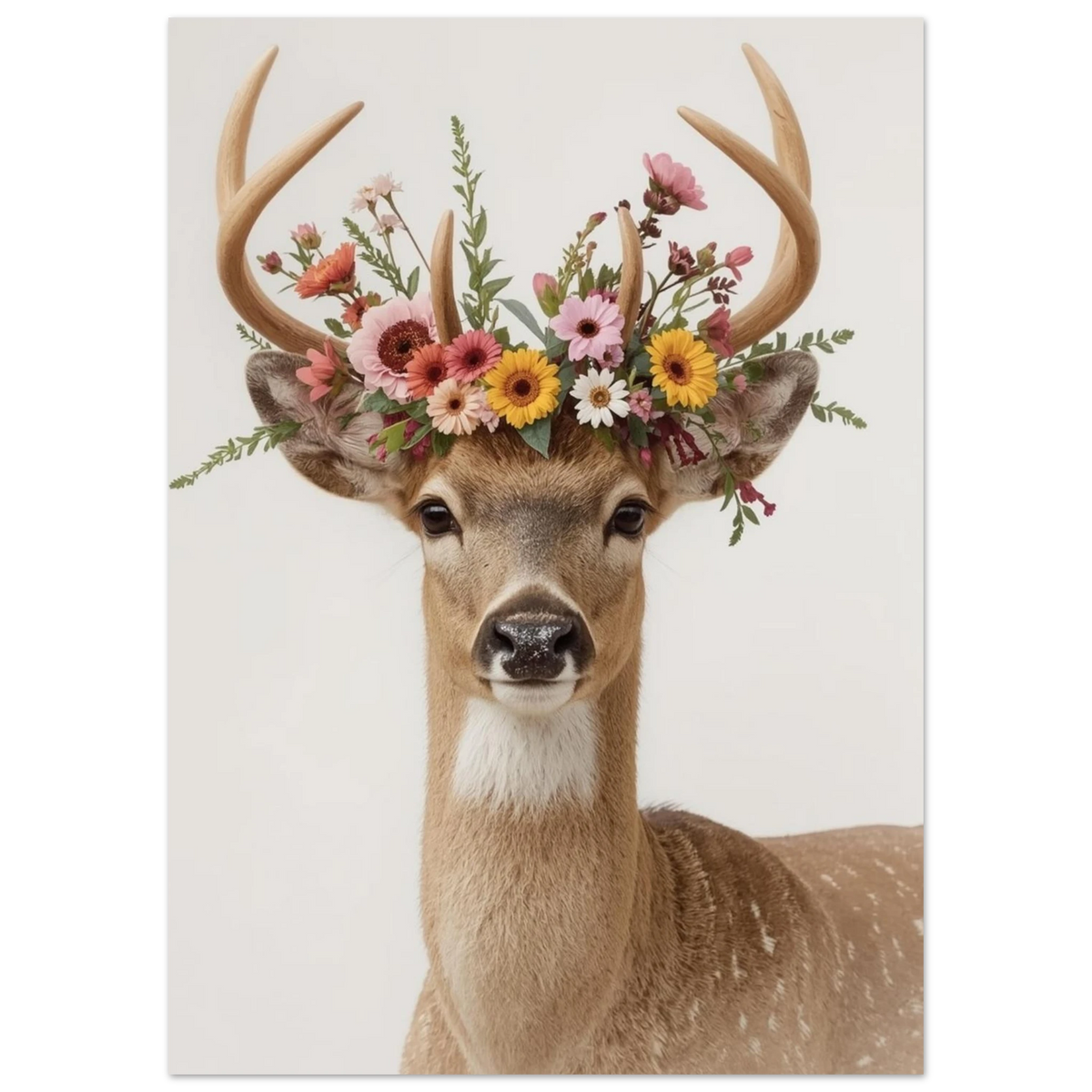 Naturtrogen hjortposter med blomsterarrangemang mellan hornen på vit bakgrund