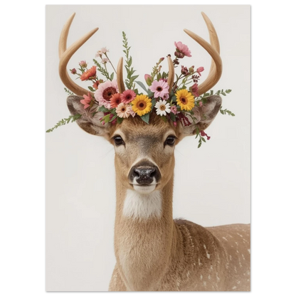 Naturtrogen hjortposter med blomsterarrangemang mellan hornen på vit bakgrund