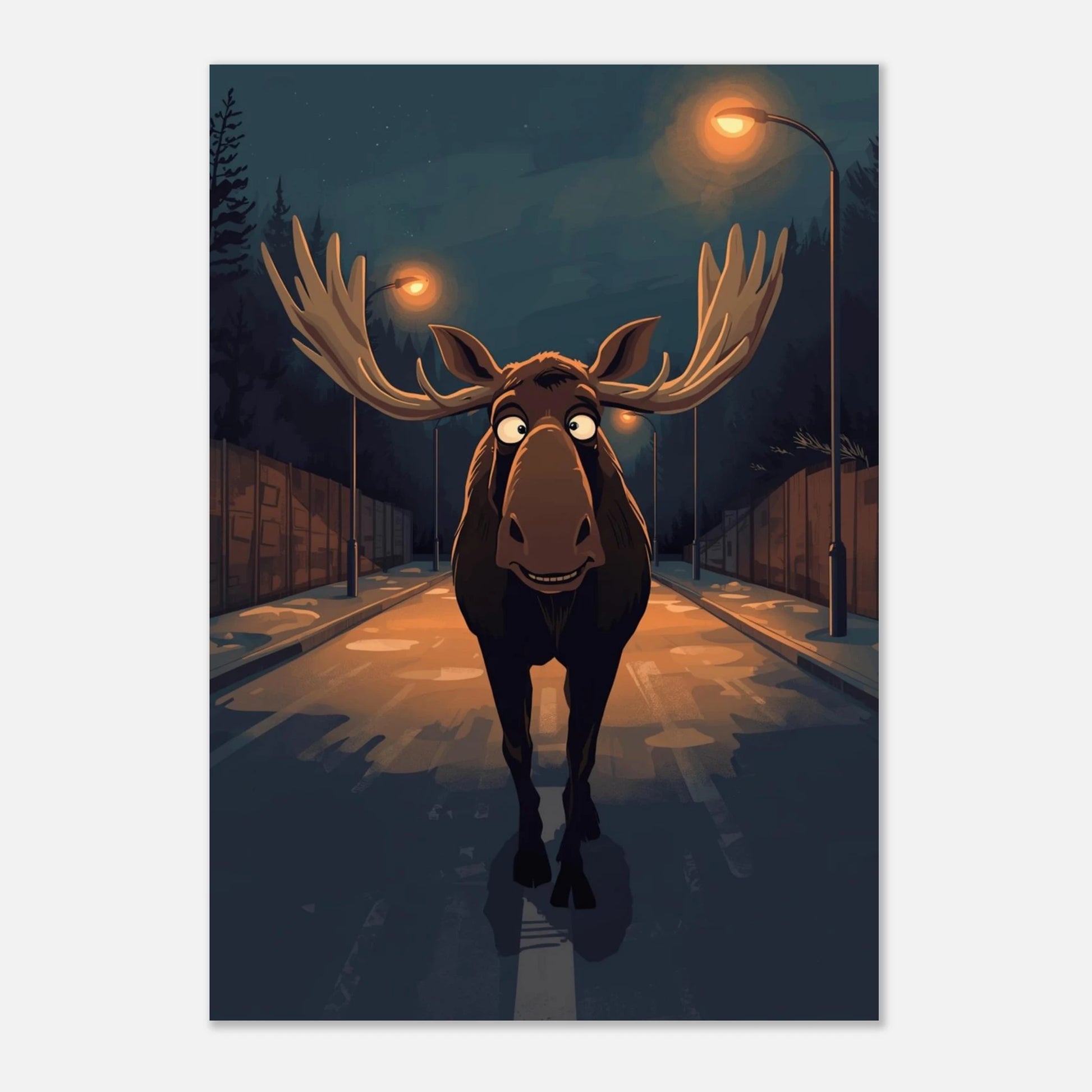 Poster med en äventyrslysten älg på en upplyst gata i natten