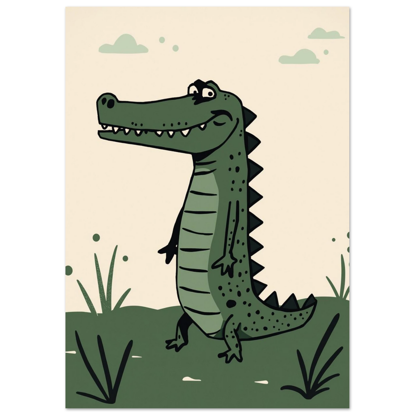 Grön alligator i charmig seriestil, stående profilbild för barnrummet