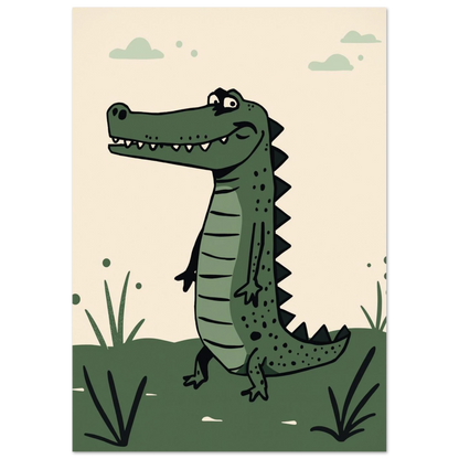 Grön alligator i charmig seriestil, stående profilbild för barnrummet