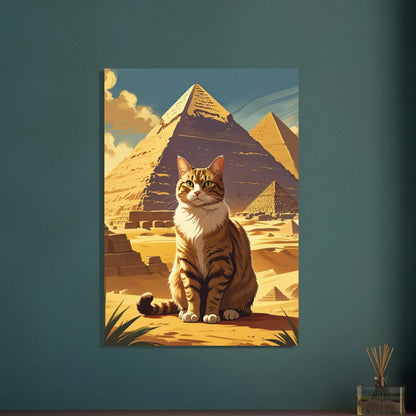 Katt framför egyptiska pyramider i vintage reseposterstil