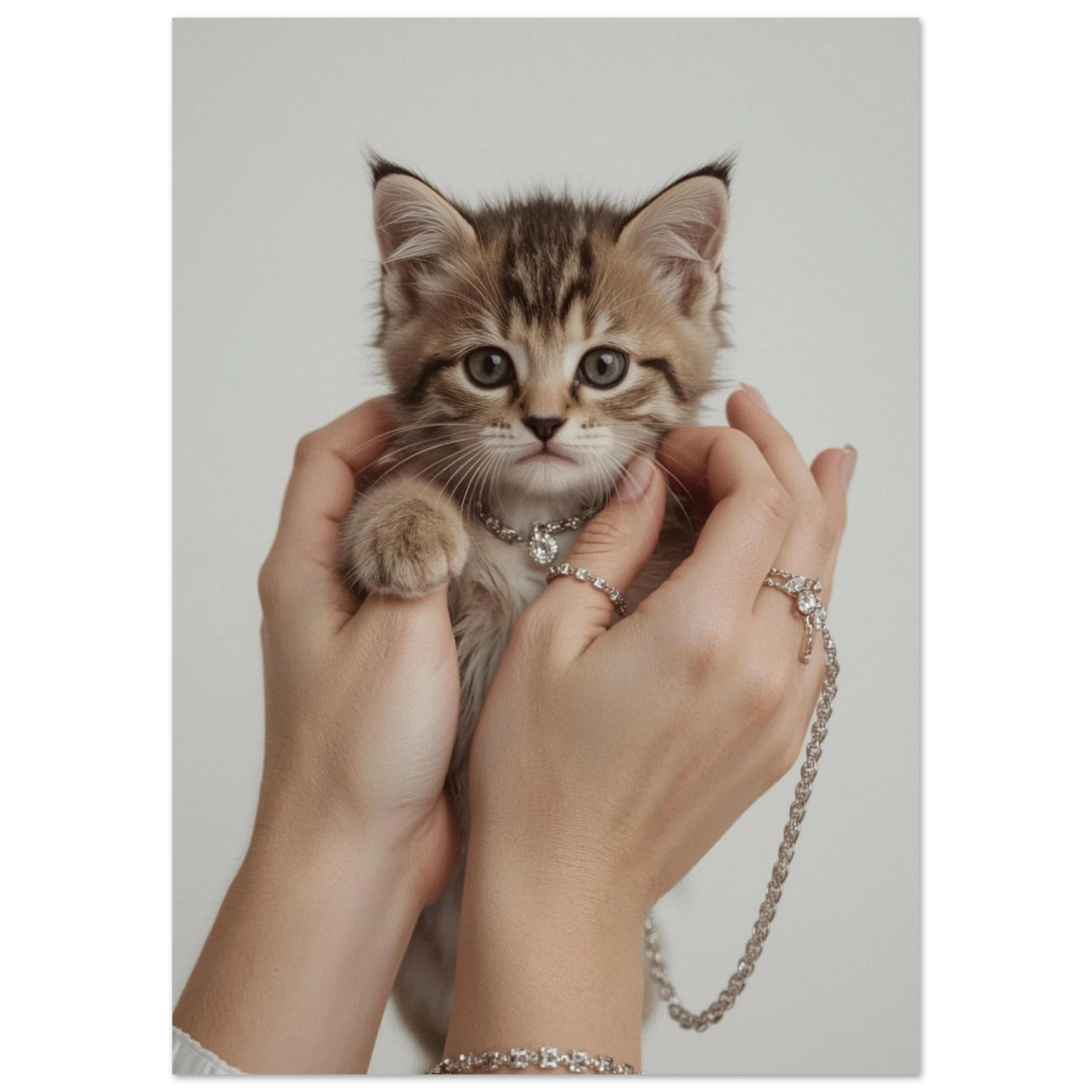 Kattunge med stora ögon och glittrande halsband på mörk bakgrund