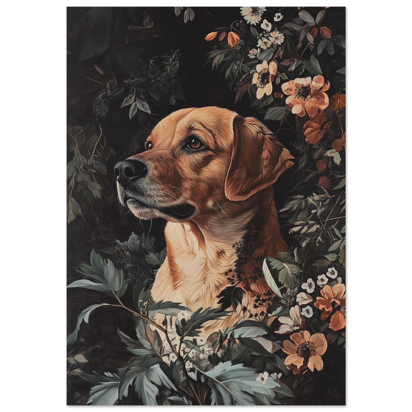 Gyllene retriever blickar drömskt åt sidan omgiven av mörka blommor