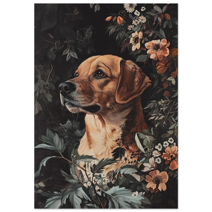 Gyllene retriever blickar drömskt åt sidan omgiven av mörka blommor