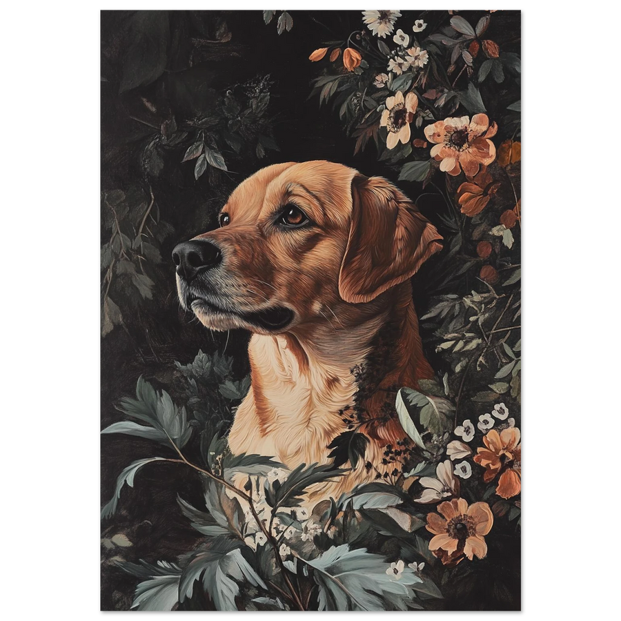 Gyllene retriever blickar drömskt åt sidan omgiven av mörka blommor