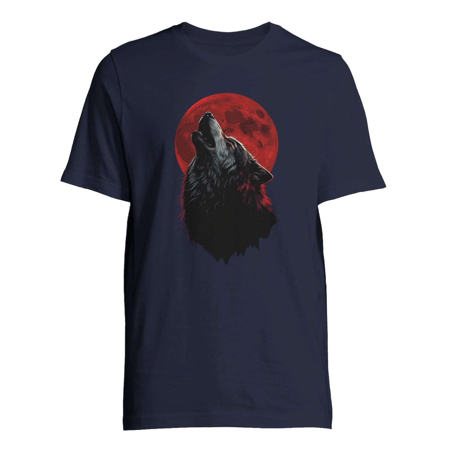 Ylande varg med blodmåne-motiv på mörkblå t-shirt, visad framifrån – Tecknad t-shirt