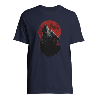 Ylande varg med blodmåne-motiv på mörkblå t-shirt, visad framifrån – Tecknad t-shirt