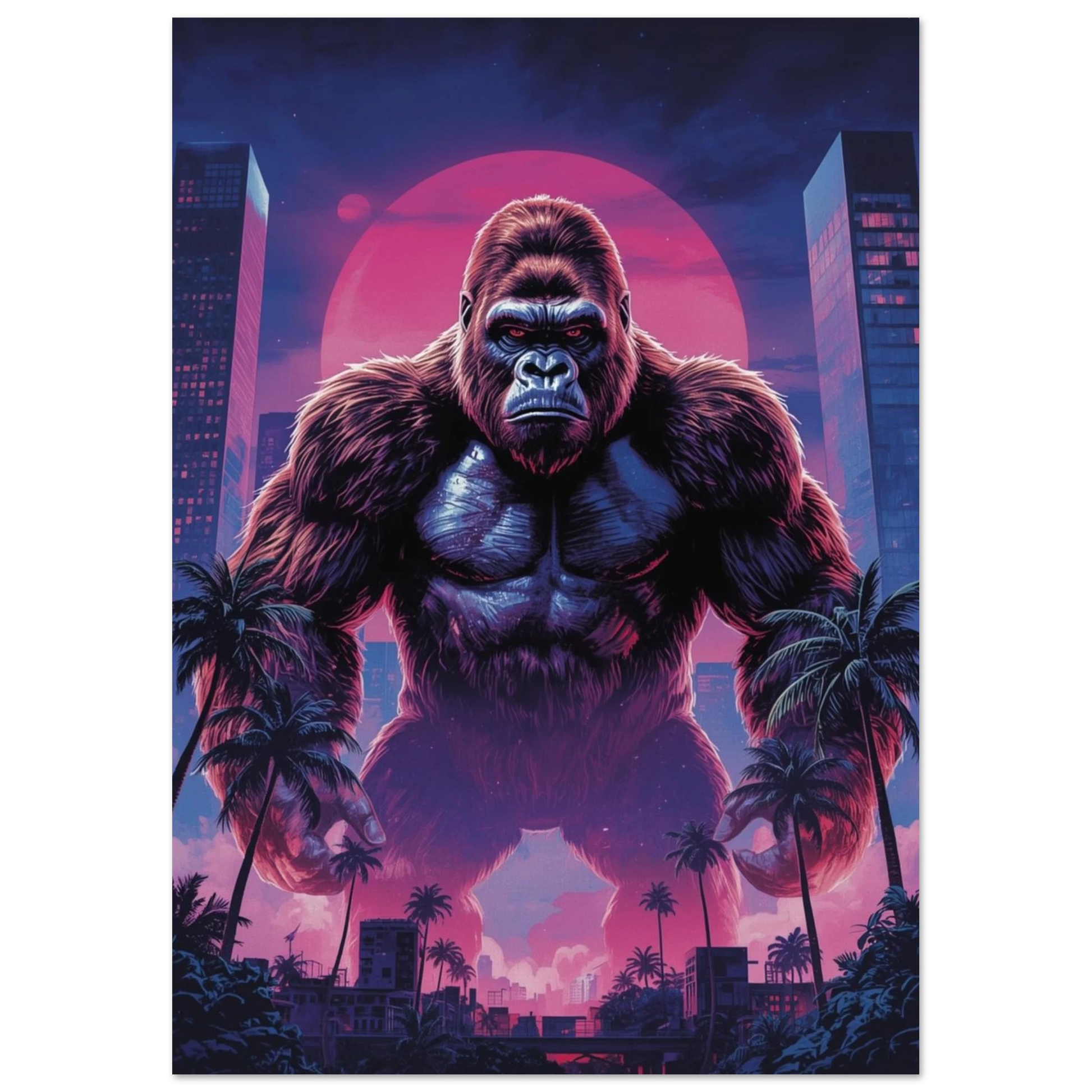 Gorilla i 80-tals actionstil med lila och rosa färger – Tecknad poster