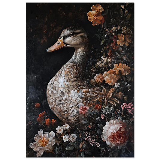 Oljemålning av en gräsand omgiven av rosa pioner och mörk flora