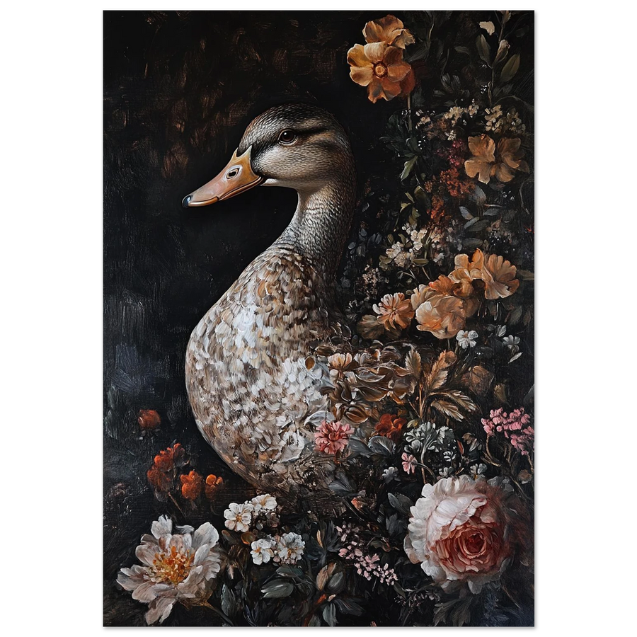 Oljemålning av en gräsand omgiven av rosa pioner och mörk flora