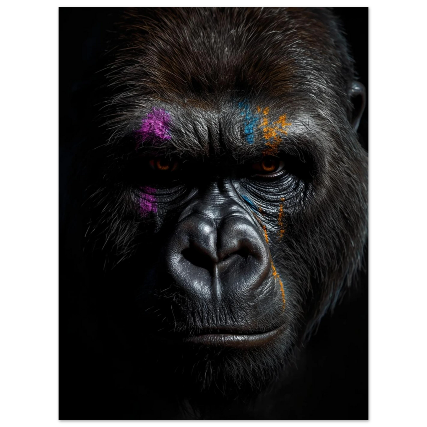 Fotorealistisk gorilla med konstnärliga inslag av blått och orange – väggkonst