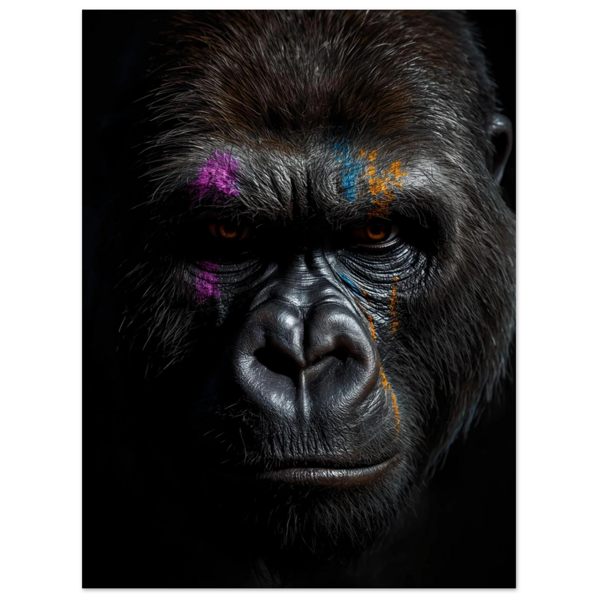 Fotorealistisk gorilla med konstnärliga inslag av blått och orange – väggkonst