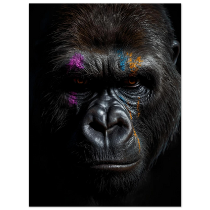 Fotorealistisk gorilla med konstnärliga inslag av blått och orange – väggkonst