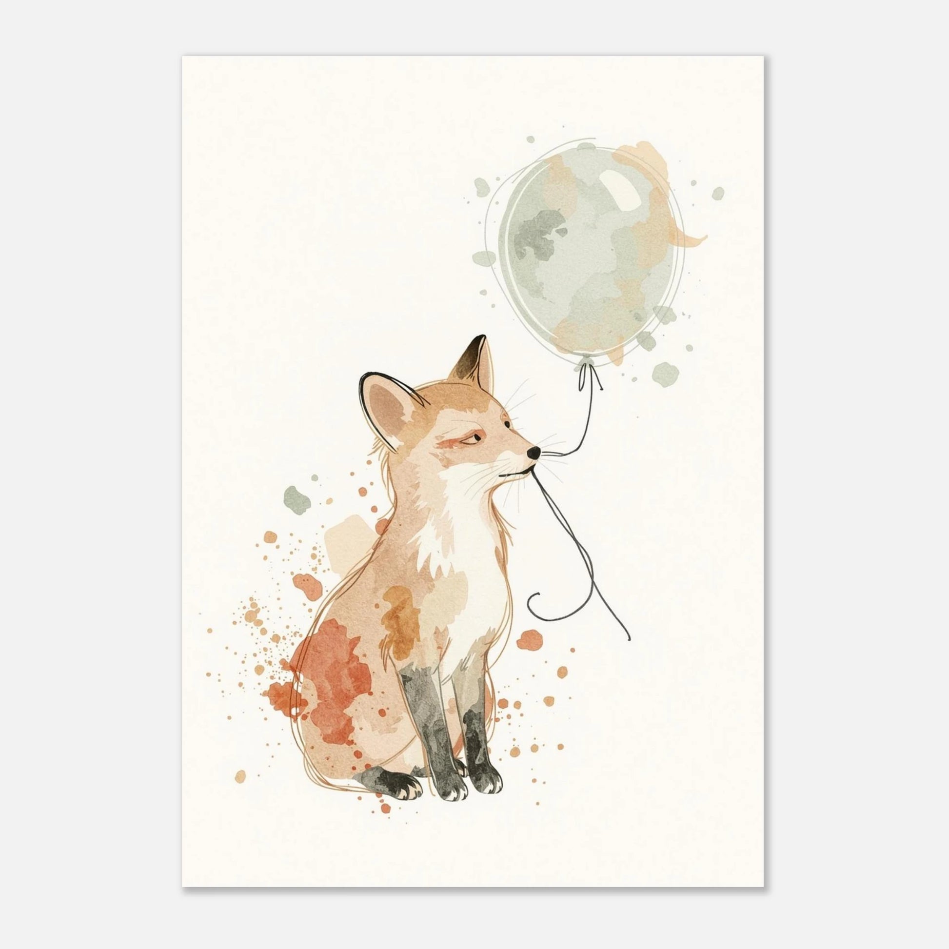 Charmig räv som drömmer med en ballong, minimalistisk djurposter