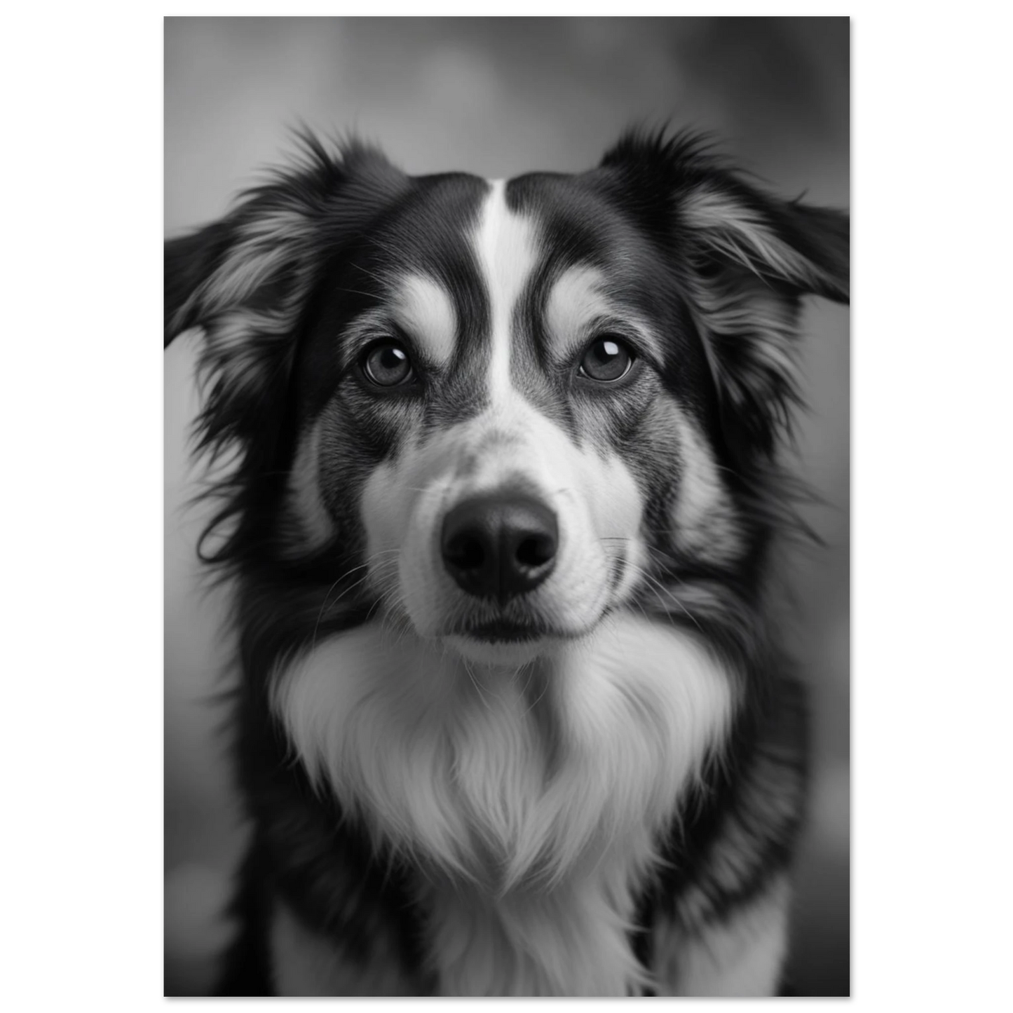 Svartvitt fotoporträtt av en Border Collie med intensiv blick mot svart bakgrund