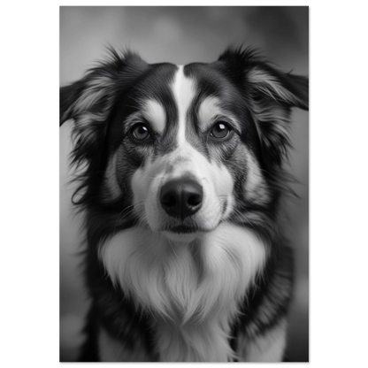 Svartvitt fotoporträtt av en Border Collie med intensiv blick mot svart bakgrund