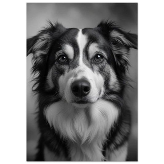 Svartvitt fotoporträtt av en Border Collie med intensiv blick mot svart bakgrund