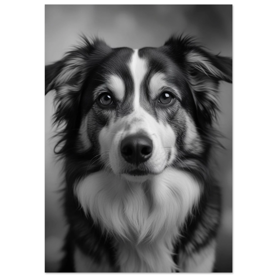 Svartvitt fotoporträtt av en Border Collie med intensiv blick mot svart bakgrund