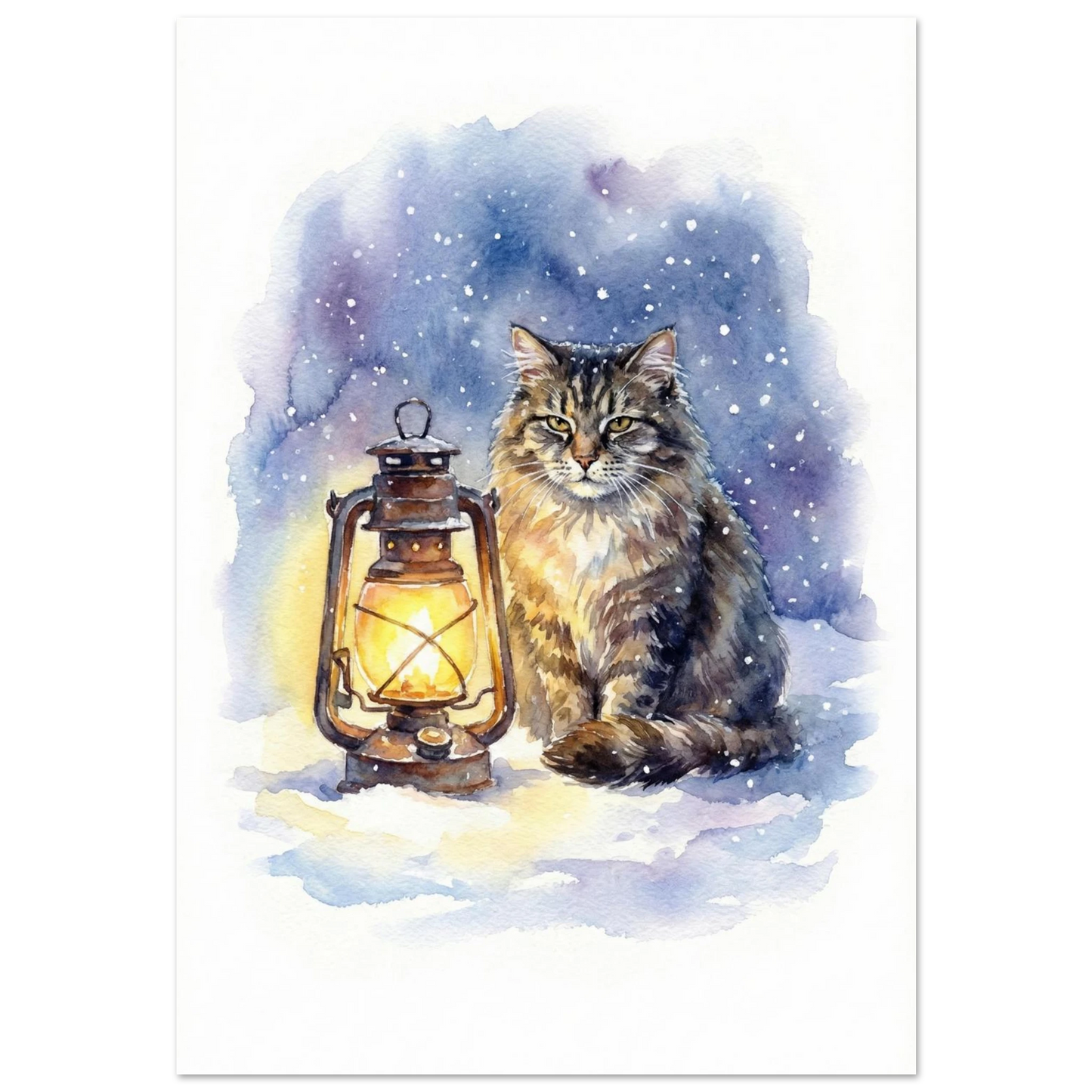 Långhårig katt intill lysande fotogenlampa i snöfall – akvarellmålning på vit bakgrund