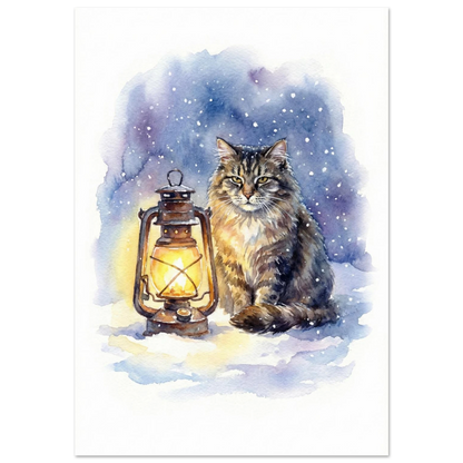 Långhårig katt intill lysande fotogenlampa i snöfall – akvarellmålning på vit bakgrund