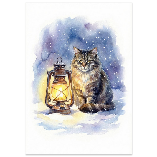 Långhårig katt intill lysande fotogenlampa i snöfall – akvarellmålning på vit bakgrund
