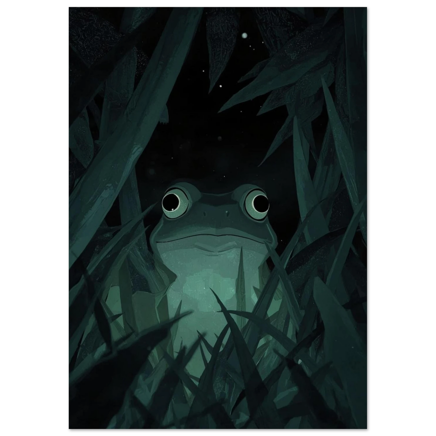 Ghibli-inspirerad konst med en groda i en mystisk skogsnatt