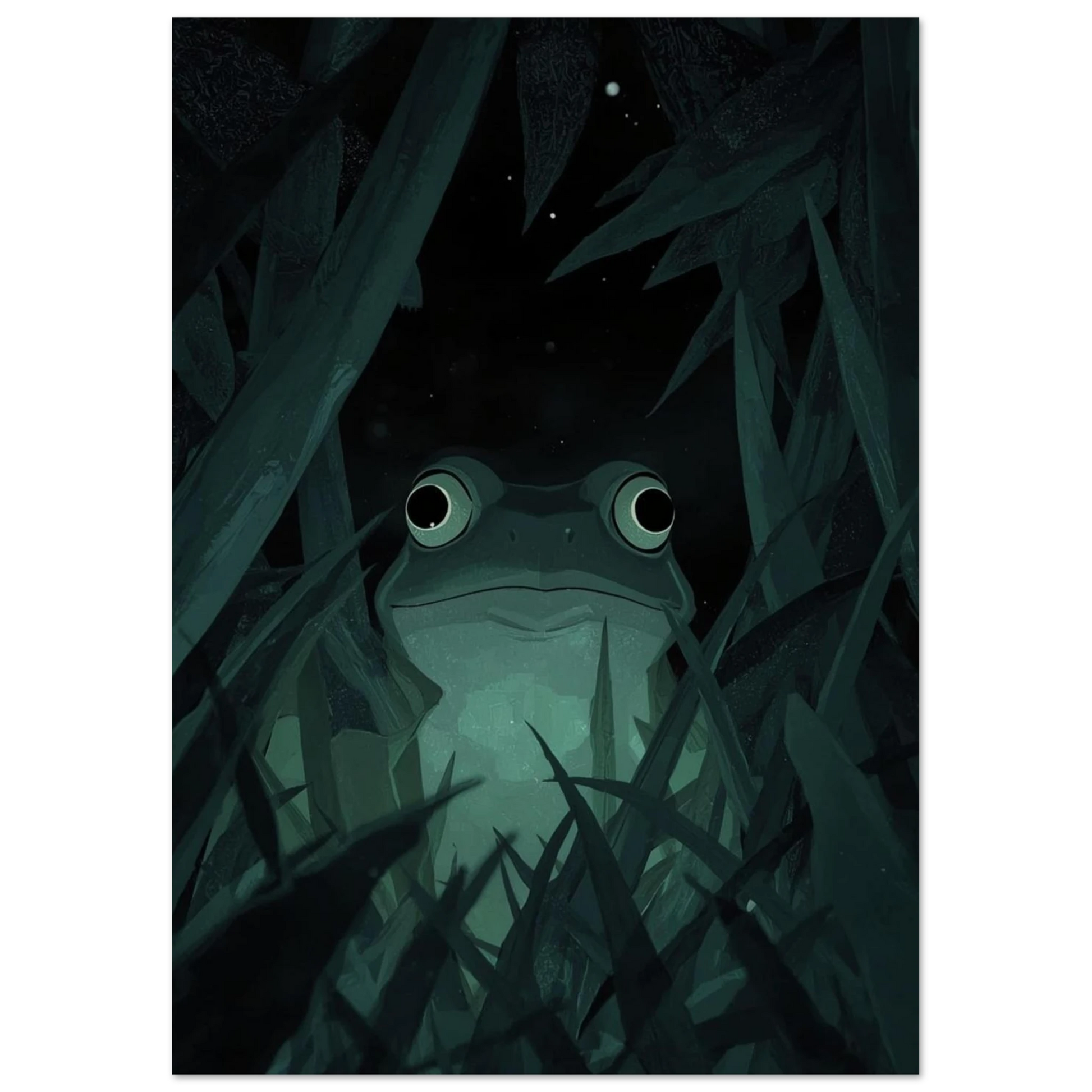 Ghibli-inspirerad konst med en groda i en mystisk skogsnatt
